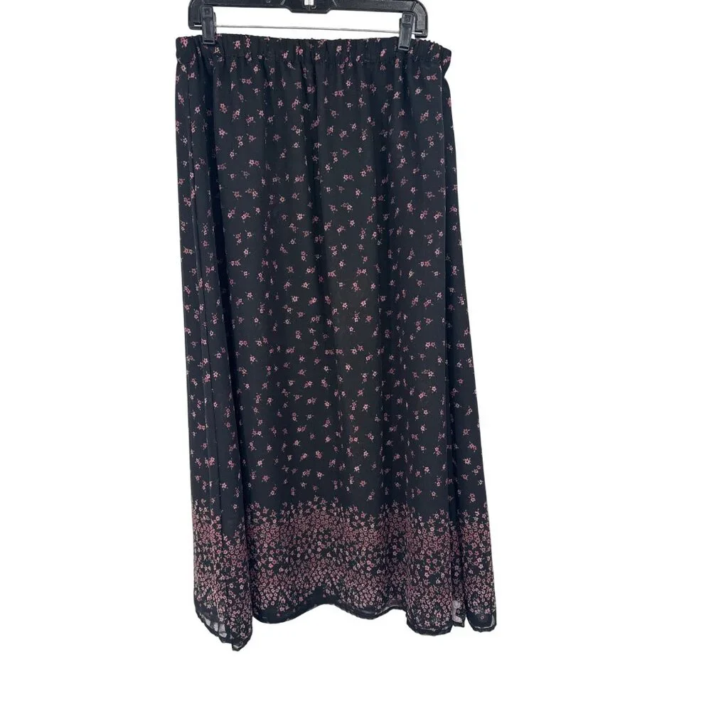 C.M. Shapes Womens Floral Midi reversible Skirt Size 18/20 Black Elastic Waist